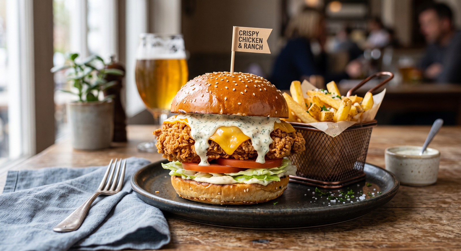 cheddar-chicken-ranch-burger and chips